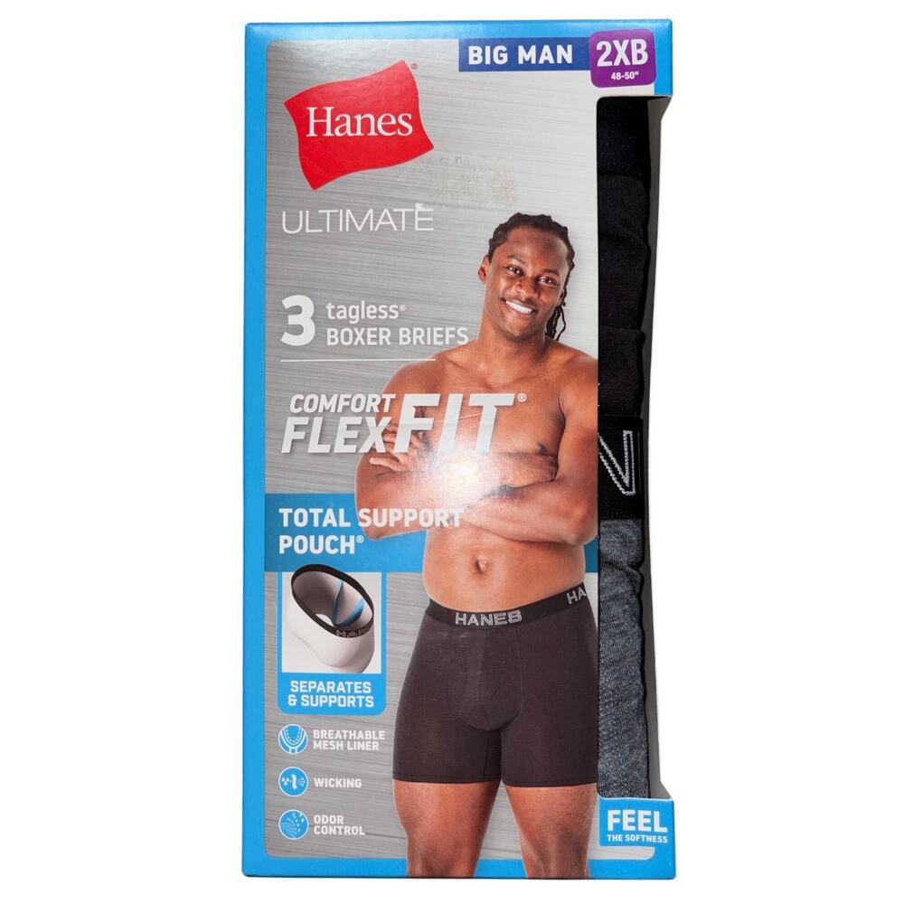 NEW Hanes Ultimate 3 Pair Mens Tagless Boxer Briefs Comfort Flex Fit Big Man 2XB